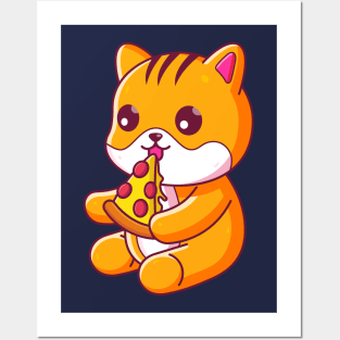 Cute cat eating pizza Posters and Art